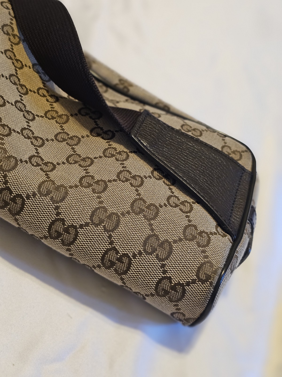 Gucci GG Monogram Crossbody Bag Zip Closure Adjustable Strap Beige Brown