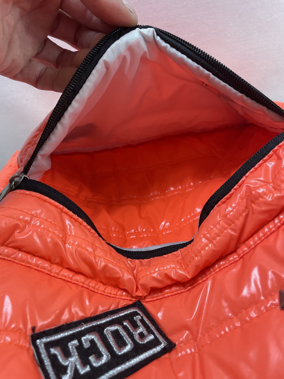 Triple Gear Quilted Backpack Orange Lightweight Synthetic Fabric Love Rock Patch