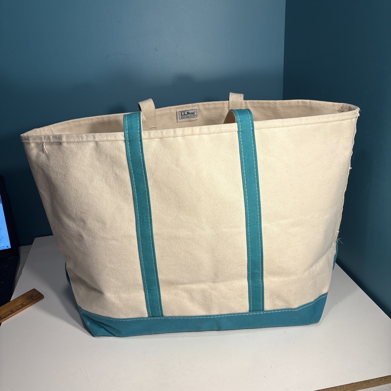 Vintage 80’s LL Bean Large Boat & Tote Zip Top Bag Turquoise Accents Rare