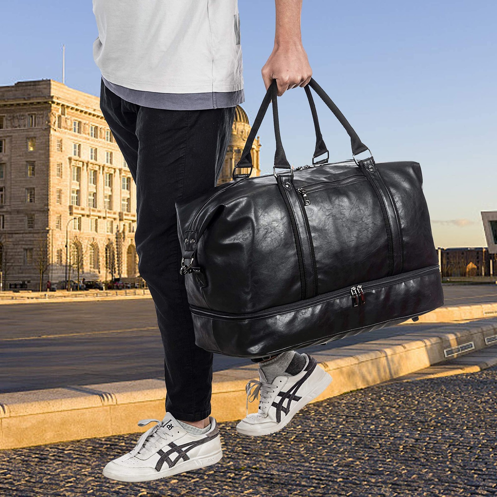 Leather Travel Bag with Shoe Pouch,Weekender Overnight Bag Waterproof PU Leat…