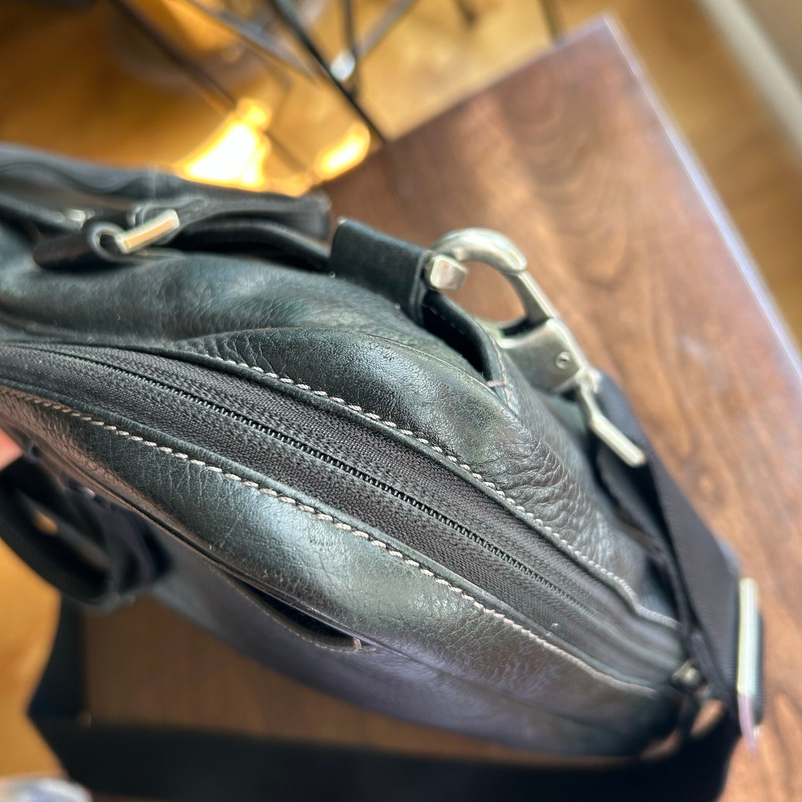 Boconi Tyler Tumbled Zipster Black Leather Messenger Bag Briefcase