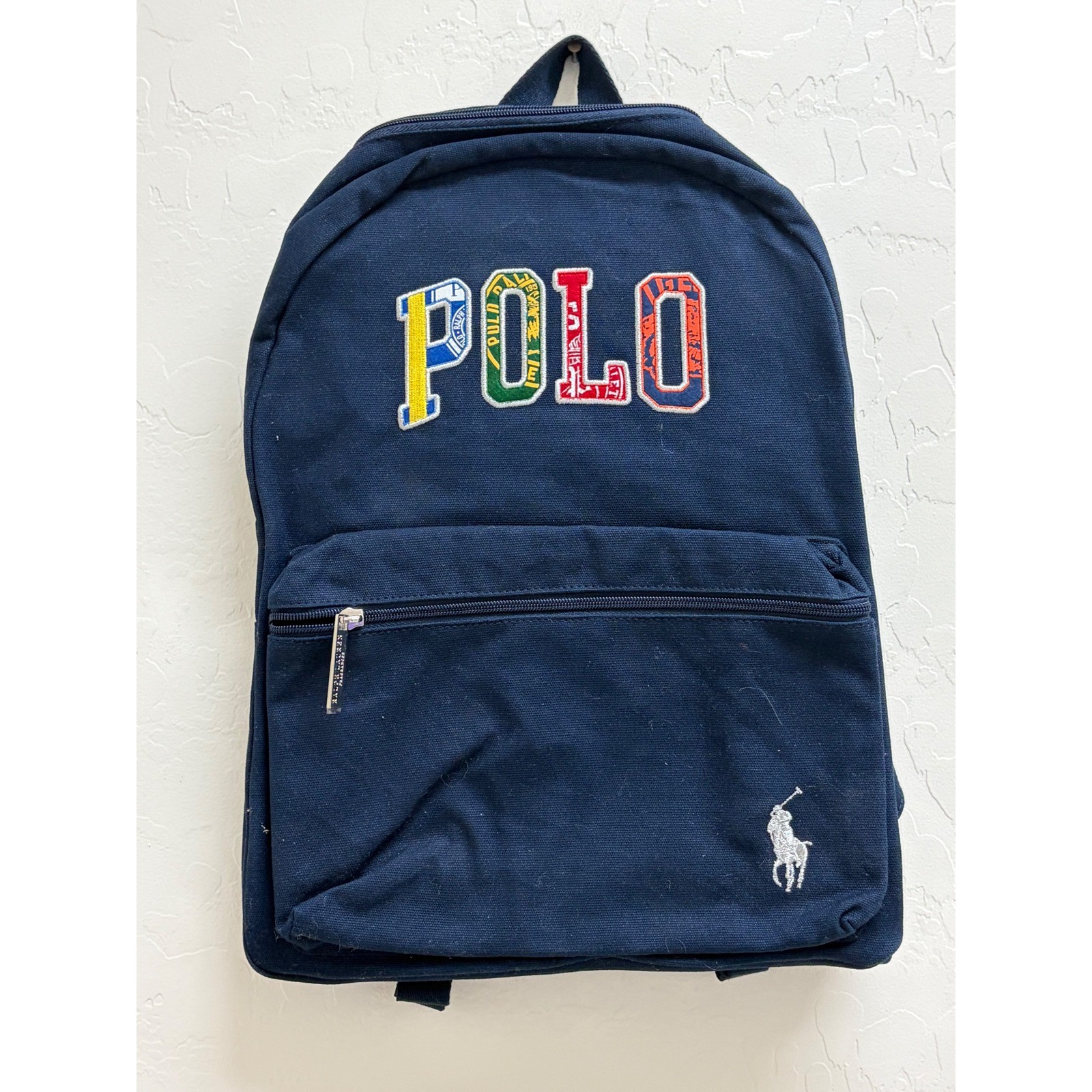 Polo Ralph Lauren Navy Blue Canvas Backpack Multi Color Embroidered Logo Bag