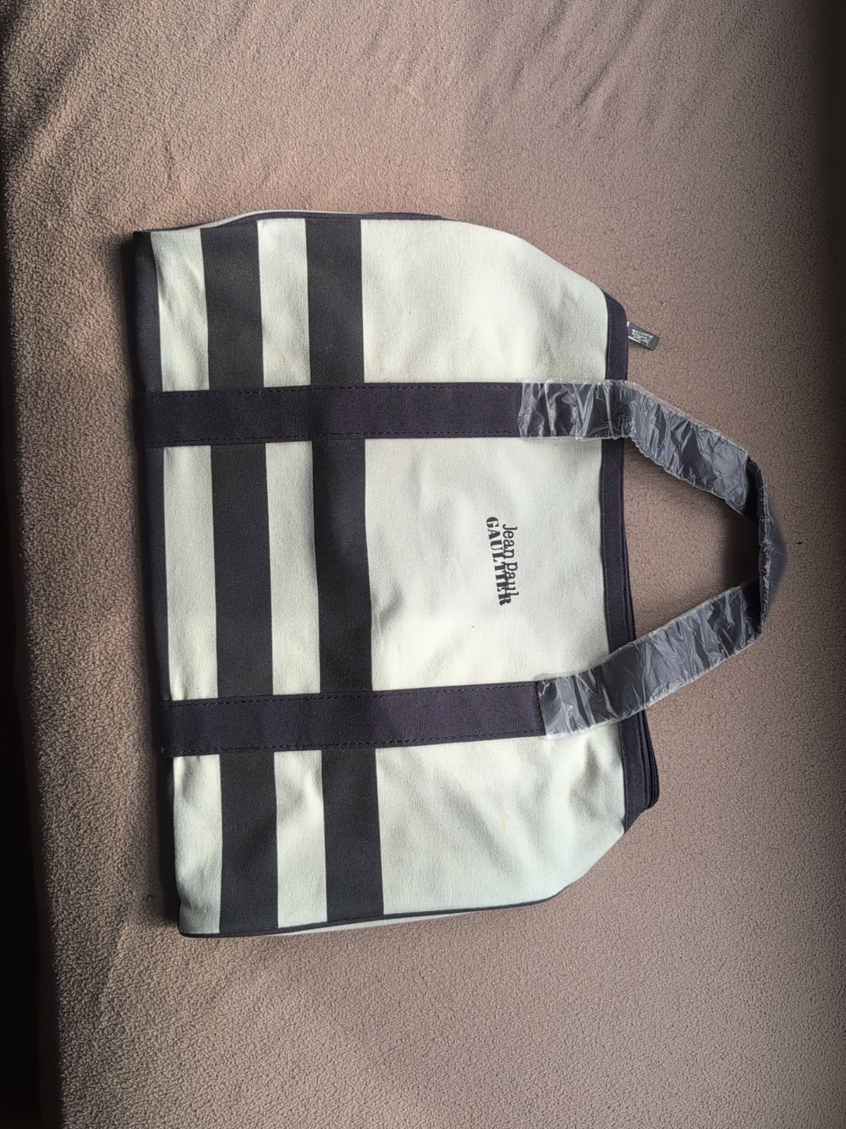 Jean Paul Gaultier Striped White Blue Canvas Weekend Tote Bag 18×11