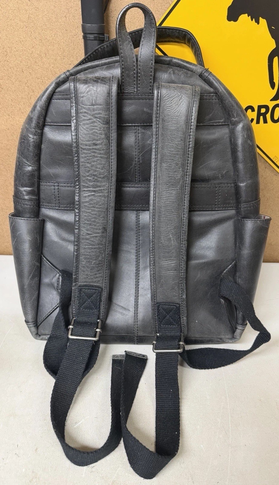 Rawlings Black Leather Rugged Backpack w/Zipper Closures & Striped Interior RARE