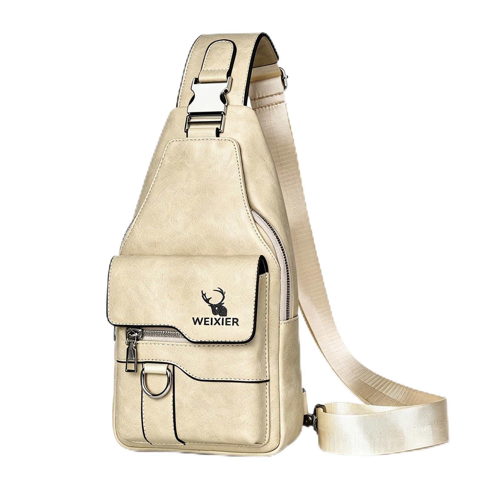 Sling Bag for Men Crossbody Chest Bag,PU leather Medium, Beige