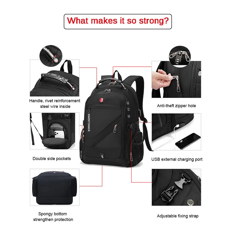 Waterproof 15.6/17.3 Inch Laptop Backpack Men USB Charging Swiss Backpack Travel