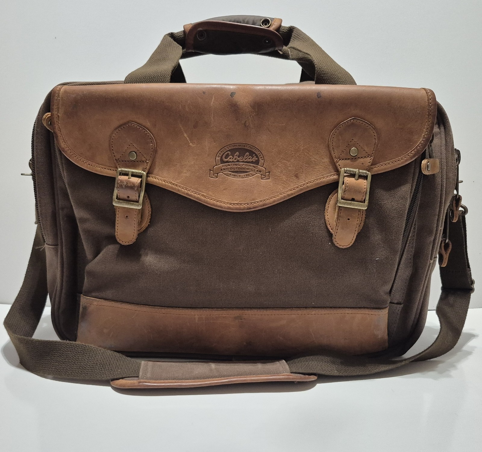 Cabela’s Brown Canvas Leather Large Messenger Laptop Carryon Travel Luggage Bag