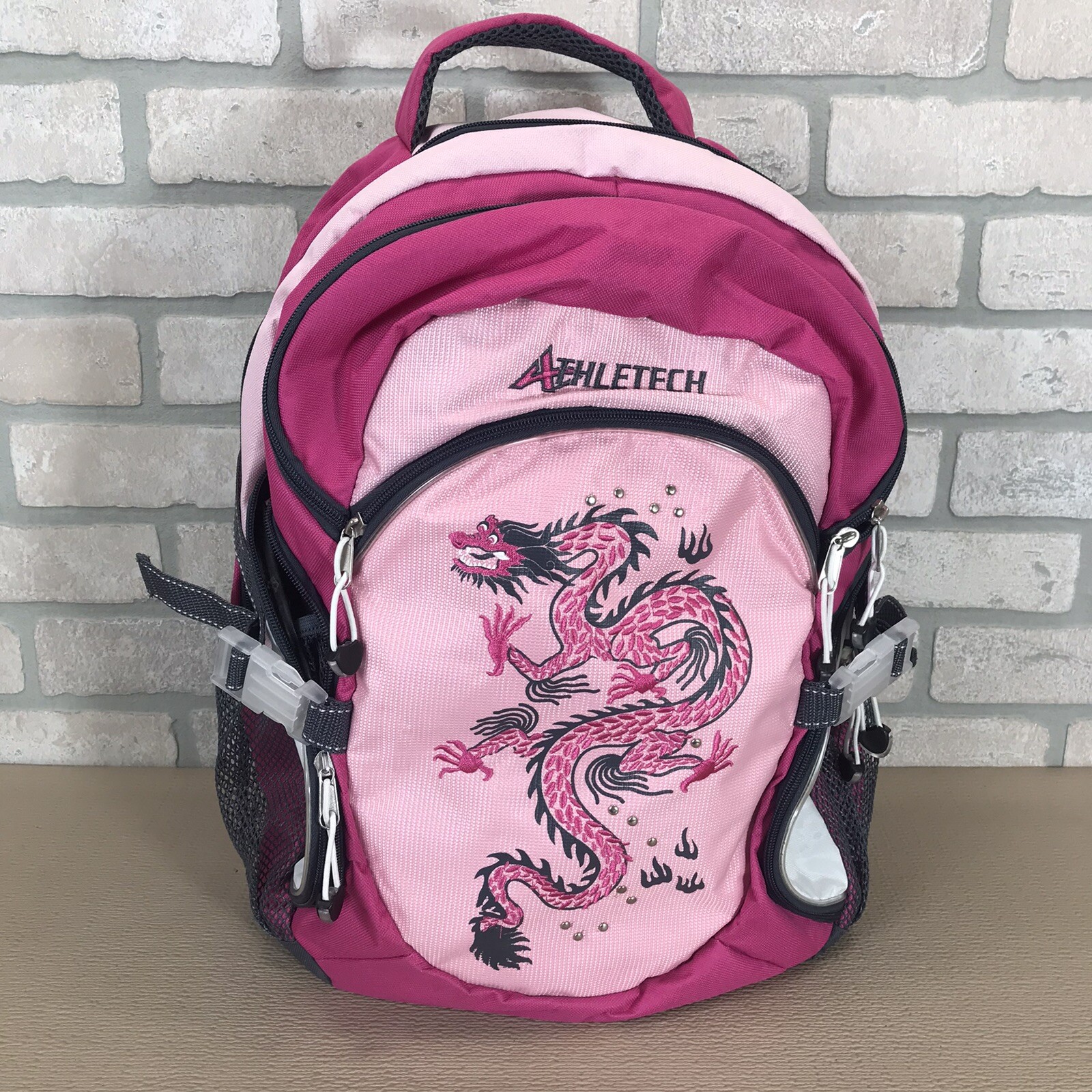 Athletech Pink Backpack Embroidered Dragon Pockets Water Bottle Pocket
