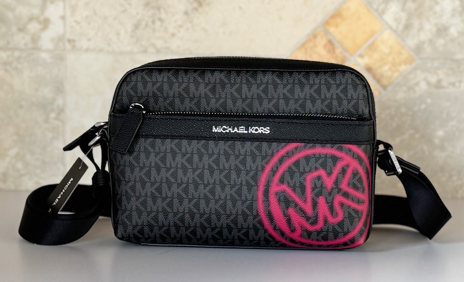Michael Kors Cooper Utility Crossbody Flight Bag MK Black/Dark Raspberry