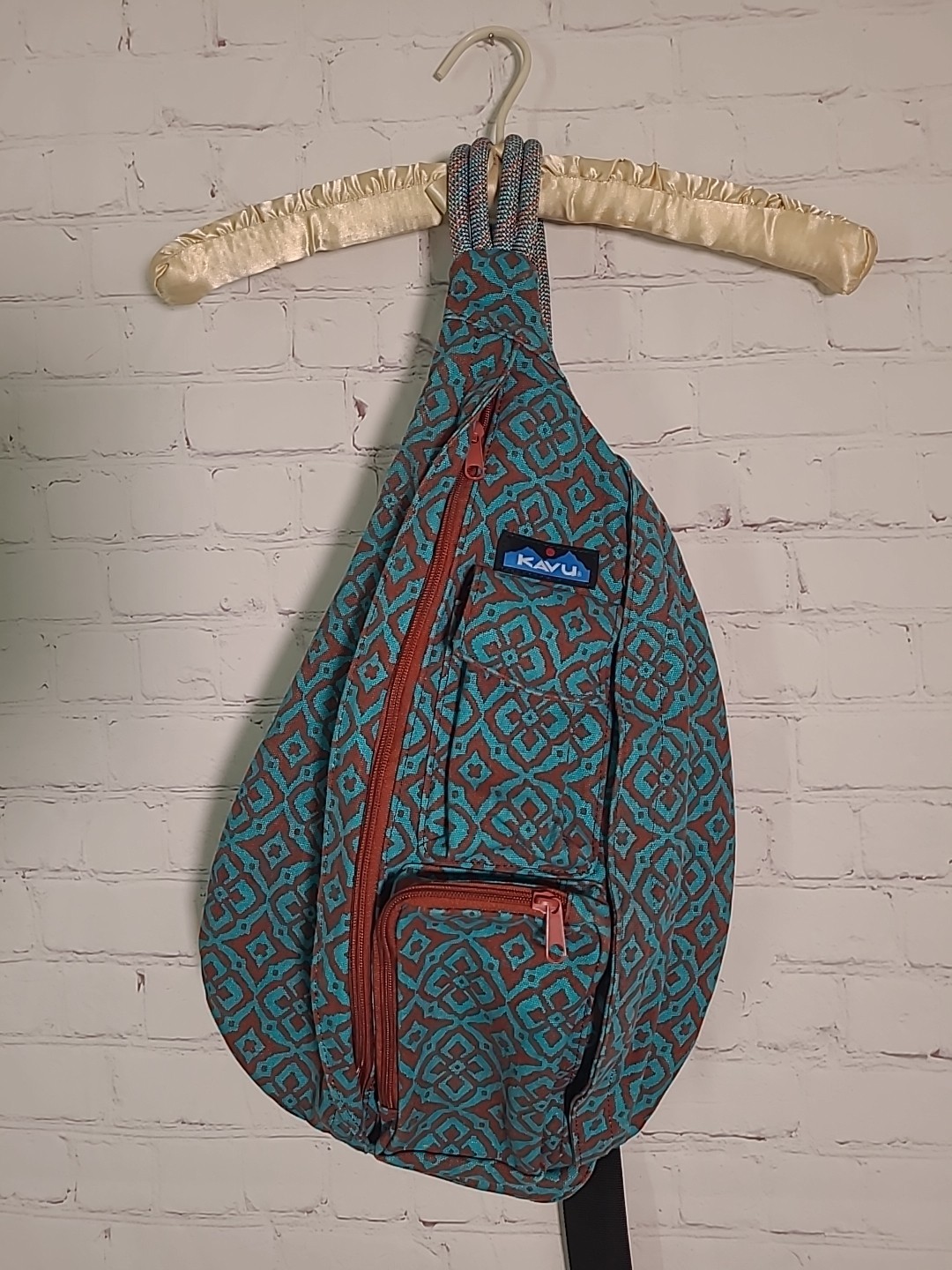 KAVU Rope Sling Bag Crossbody Desert Mosaic Backpack Teal Blue Brown Retired EUC