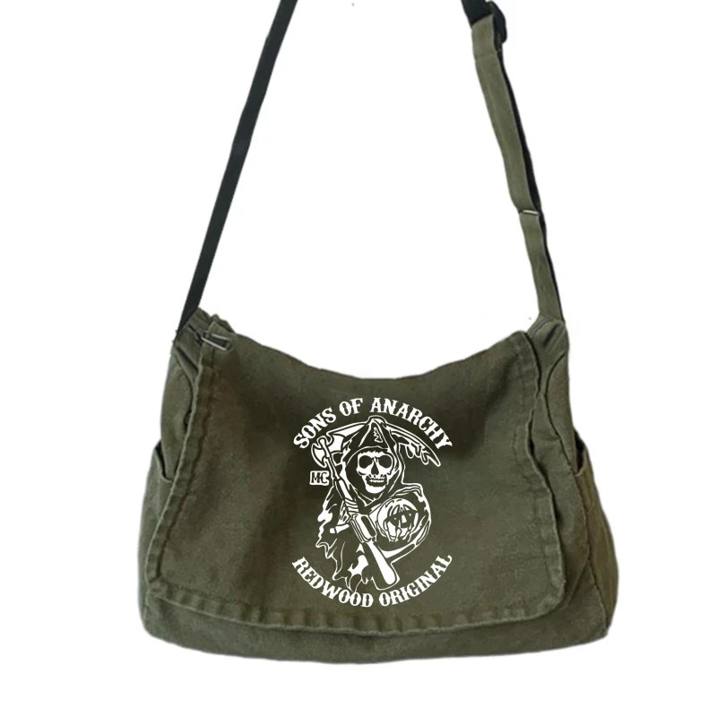 Men’s Canvas Crossbody Shoulder Bag Skull Print Army Green Laptop Messenger Bag