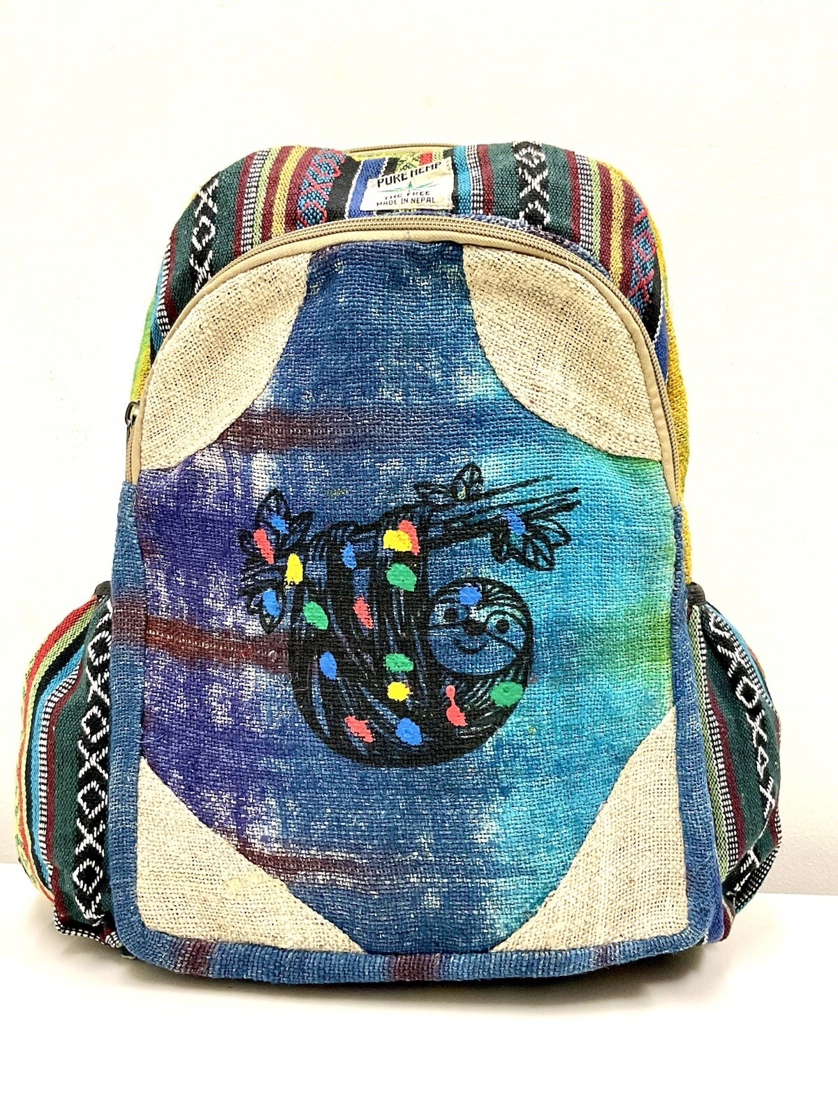 Handmade Hemp Backpack (Sloth) With Laptop Pocket Nepal Fair Trade Hiking Boho