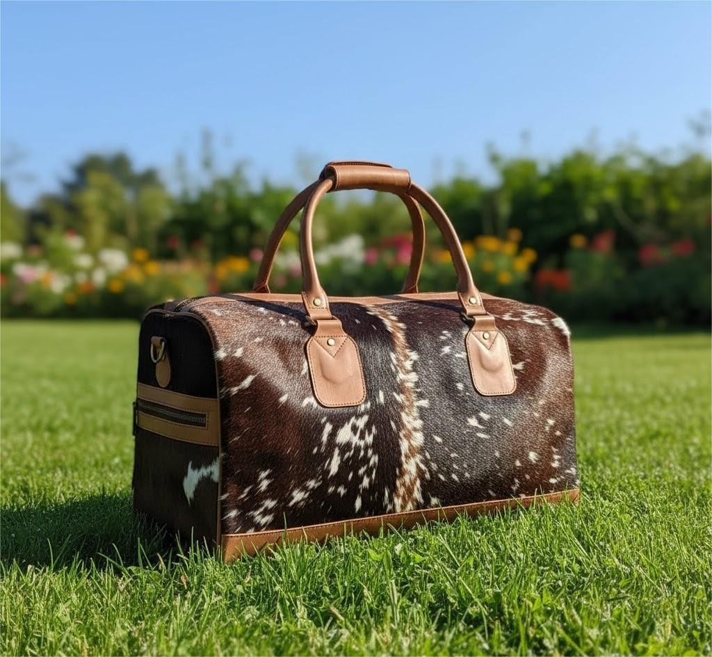 Cowhide Leather Duffel Bag | Cow hide Hair On Tricolor Weekender bag Travel Bag