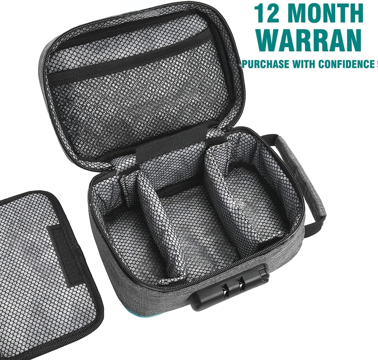 Compact Smell-Proof Organizer with 3 Dividers and Combination Lock for Privacy
