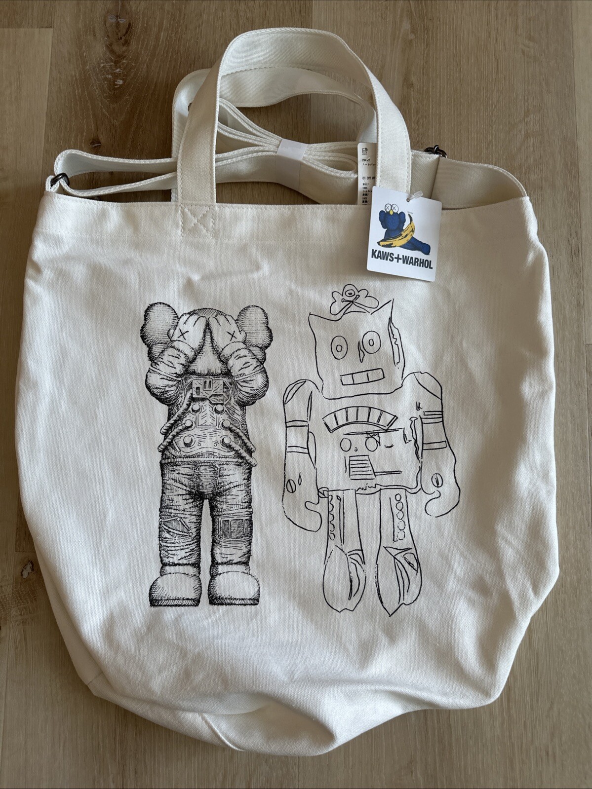 NWT UNIQLO X KAWS + WARHOL 2WAY TOTE BAG Beige White From Japan