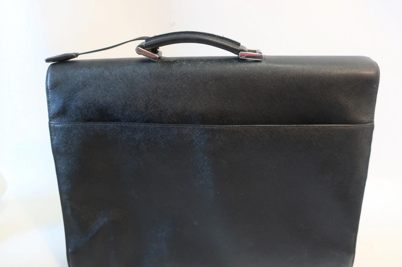 Authentic Mens Prada Saffiano Grained Leather Black Key Lock Cartella Briefcase