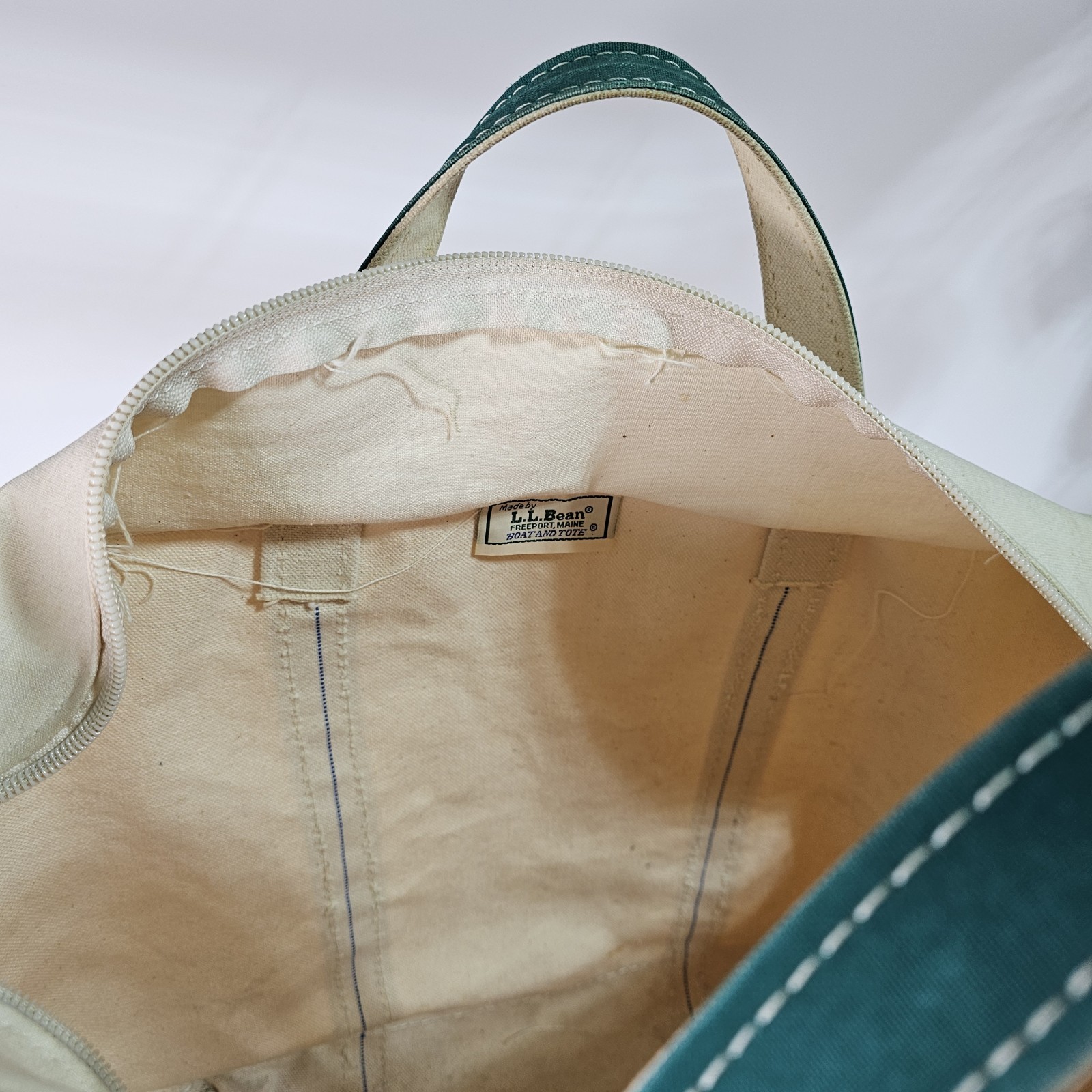 Vtg LL Bean Boat And Tote Bag Canvas Green Zip Top Heavyweight Large 21x13x7