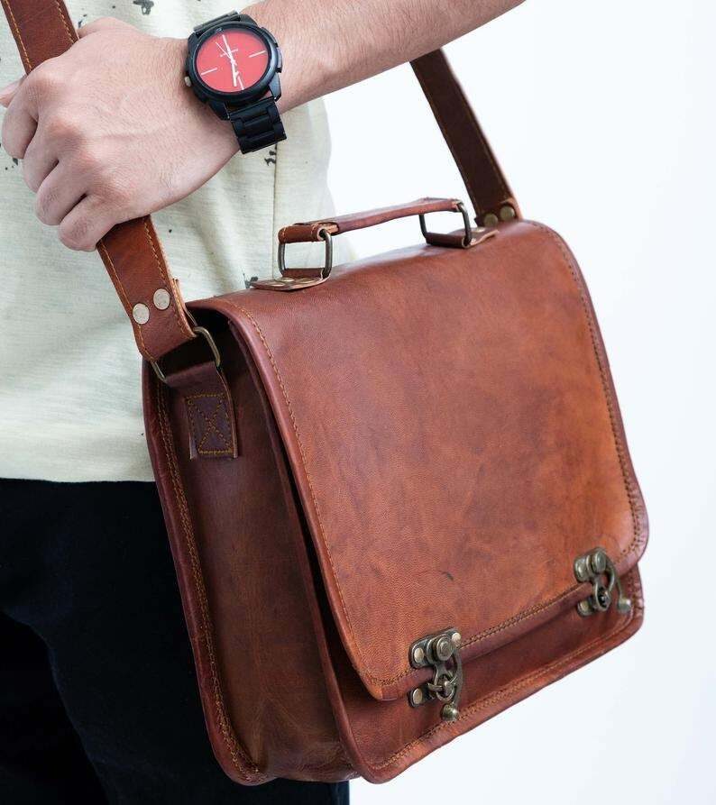 Vintage Genuine Brown Goat Leather Handmade Sling Handbag Cross body Satchel