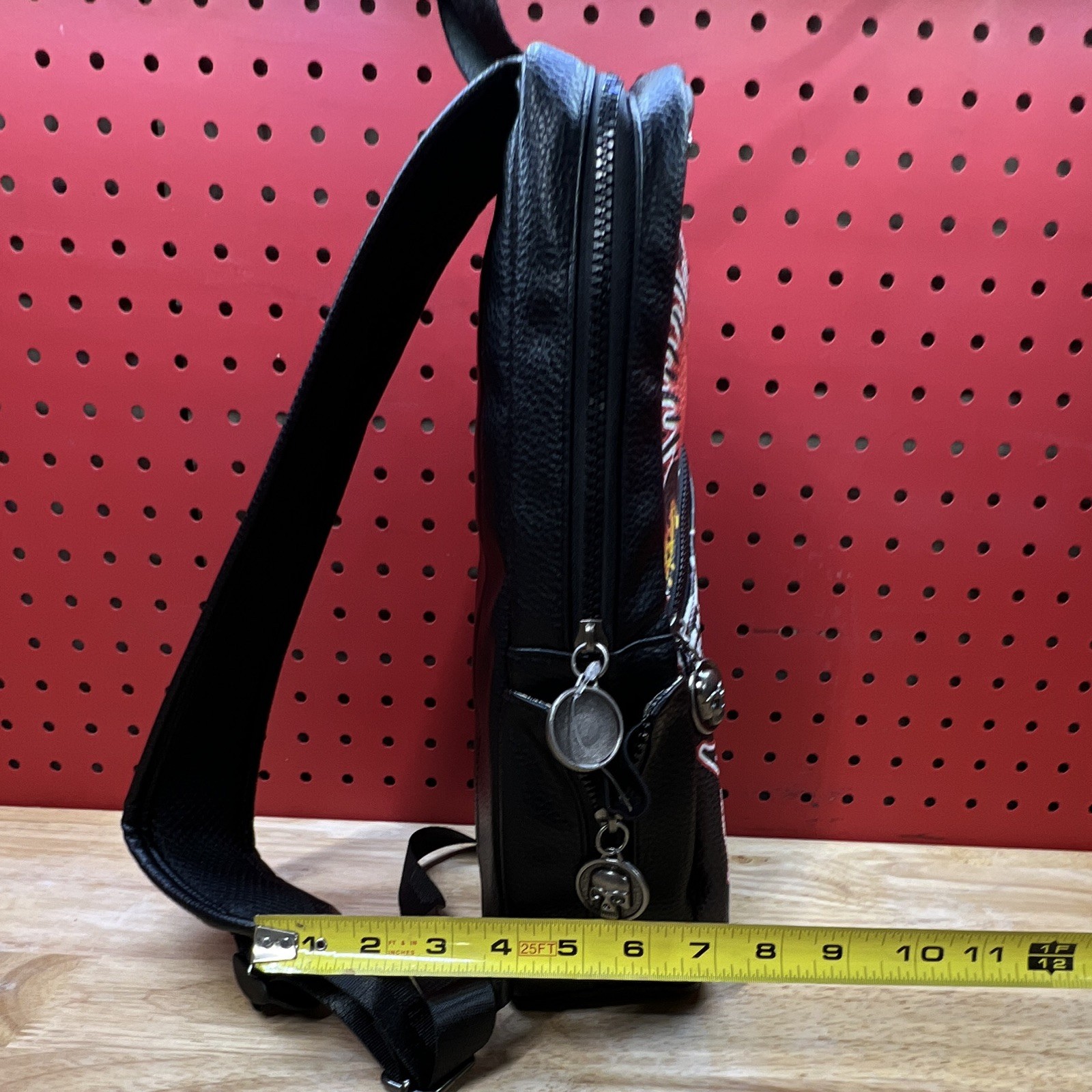Ed Hardy Black Skull Eagle Graphic Sling Bag, Medium, Zip, Adjustable Strap