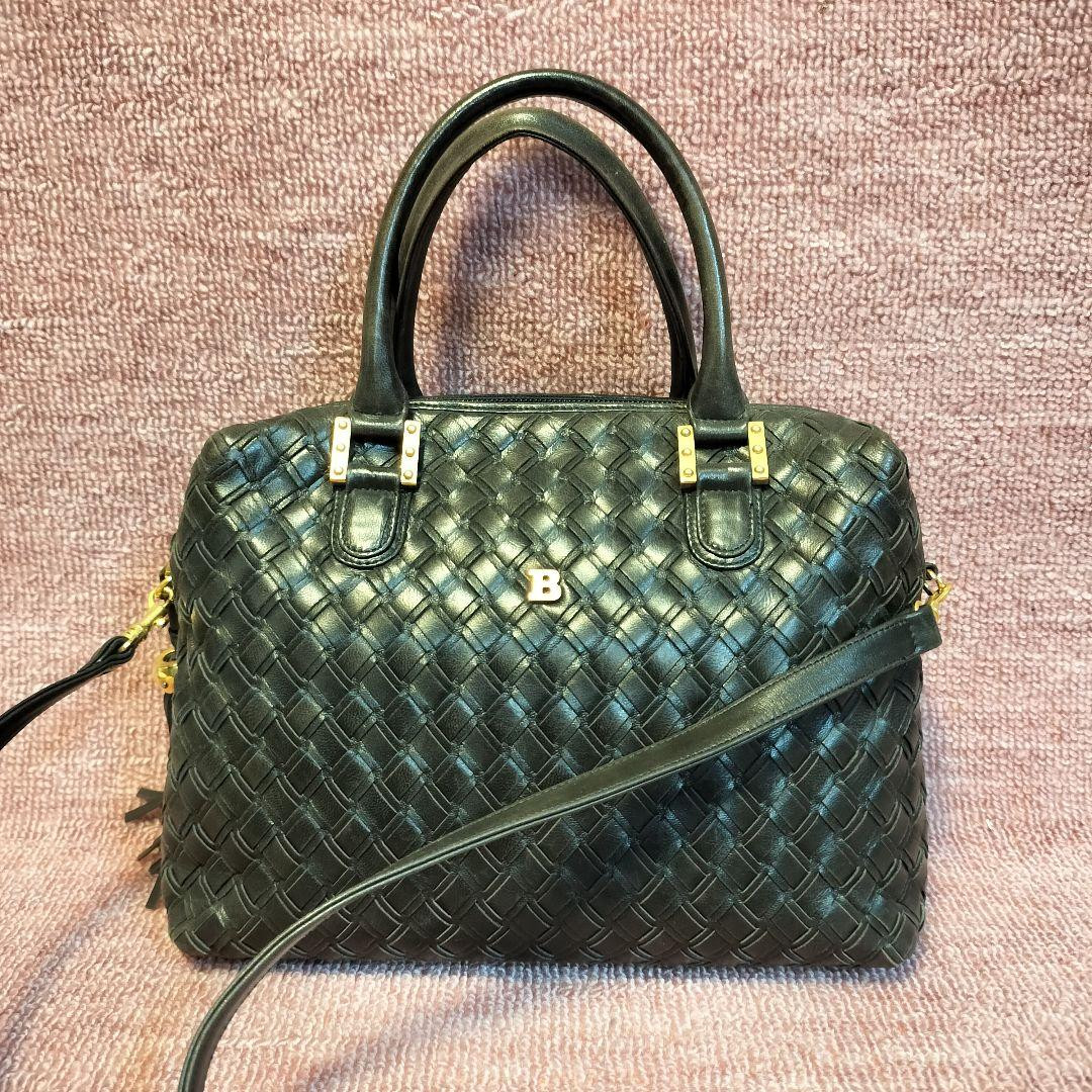 BALLY mesh crossbody shoulder bag vintage black genuine leather 26×22×7cm