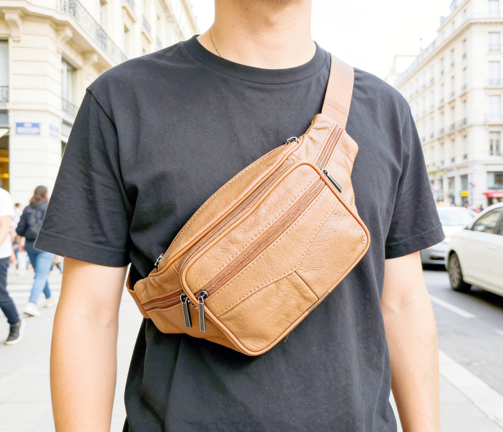 large 6 Pockets Leather Fanny Pack Travel XX-Large, Light brown 2025 model