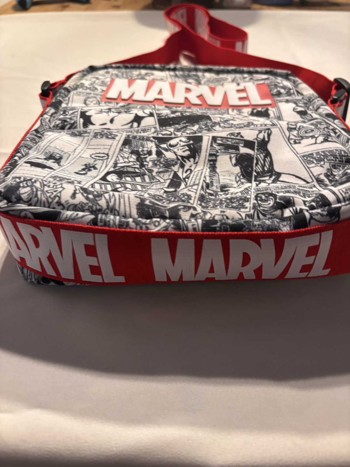 Marvel Comic Print Small Crossbody Bag Zip Closure, Adjustable Red Strap