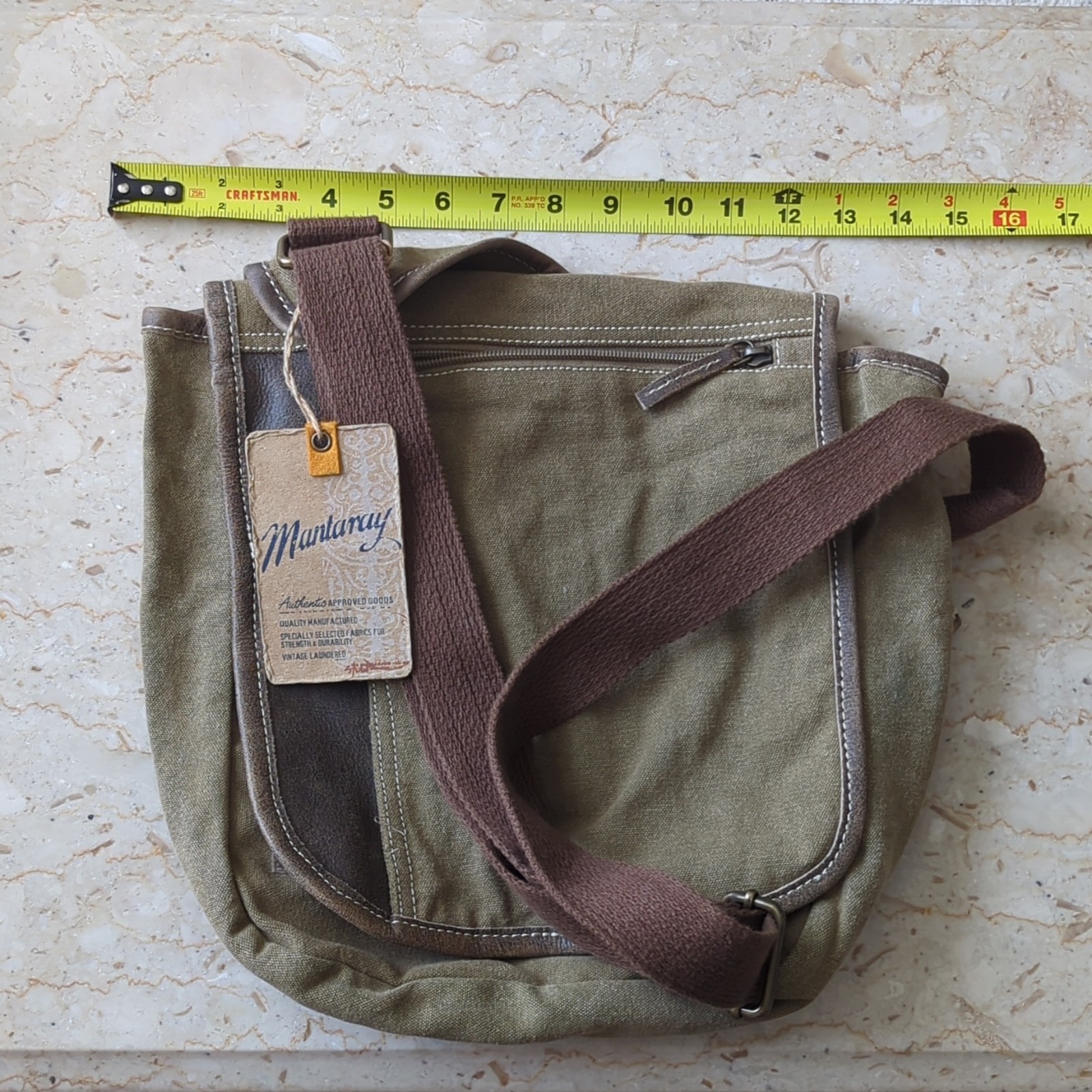 Mantarray Messenger Bag Green/Brown Zip Crossbody Adjustable Strap Pockets