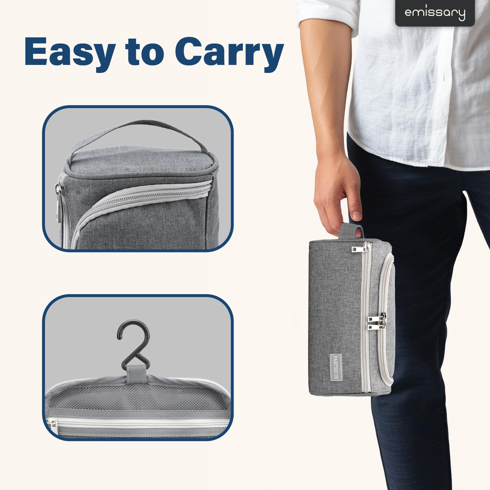 Pantheon Travel Toiletry Bag for Men 9.25×4.72×4.72 Inch (Pack of 1), Grey