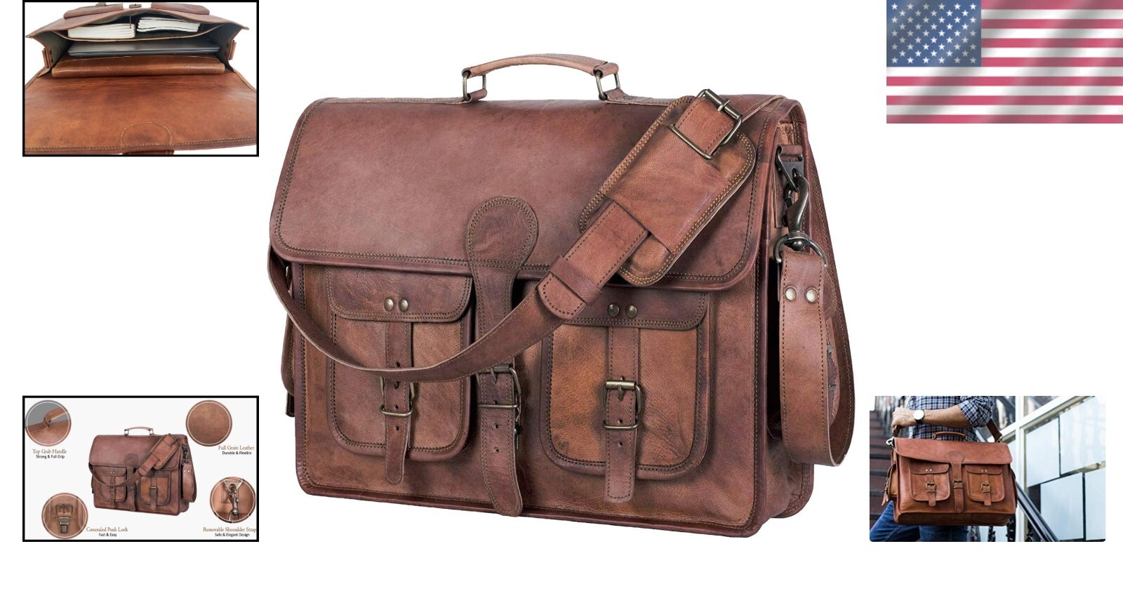 Stylish Leather Briefcase with Adjustable Strap – 18-inch Laptop Messenger