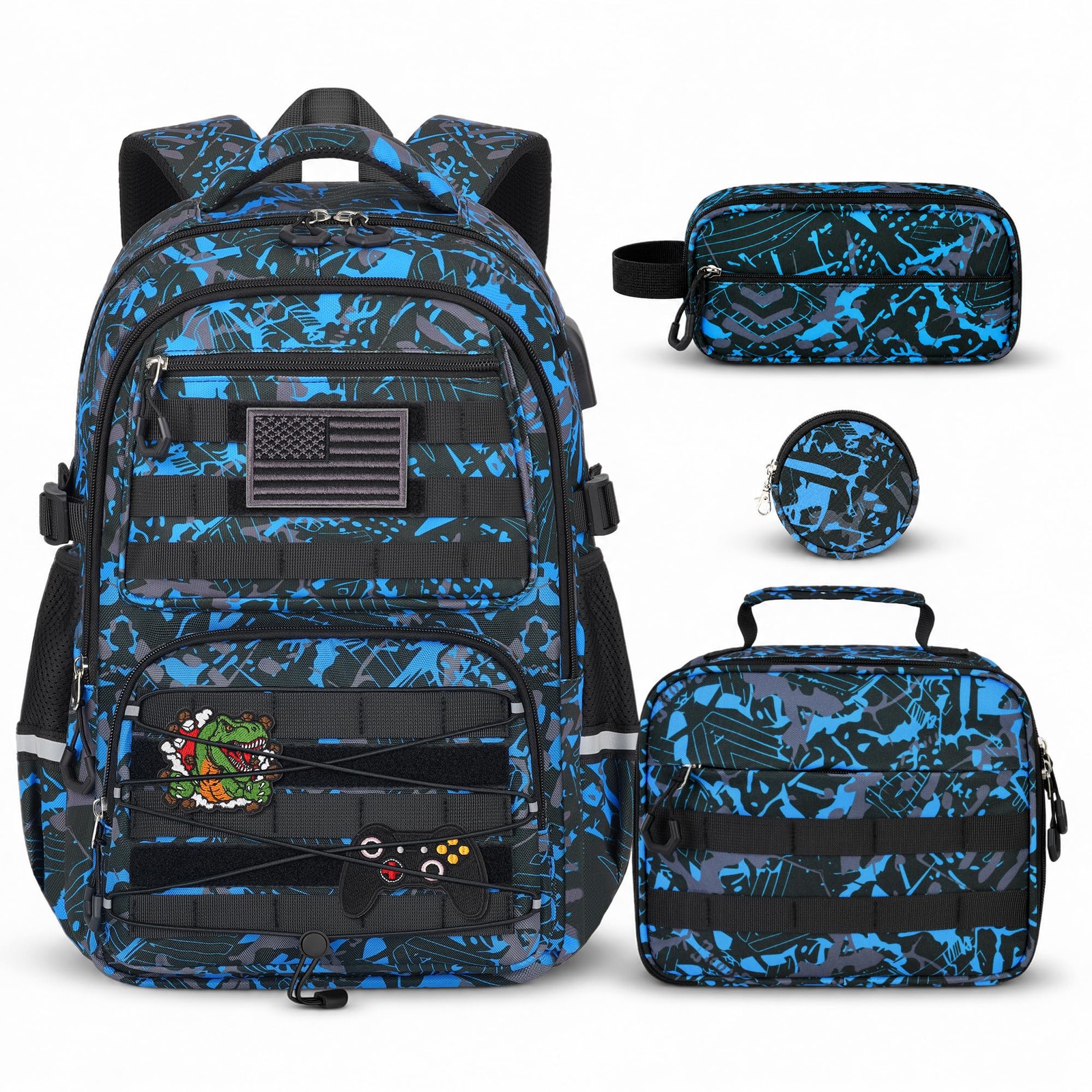 Boys Backpack with Lunch Box, 4 PCS Blue Camo Large Capacity Elementary Schoo…