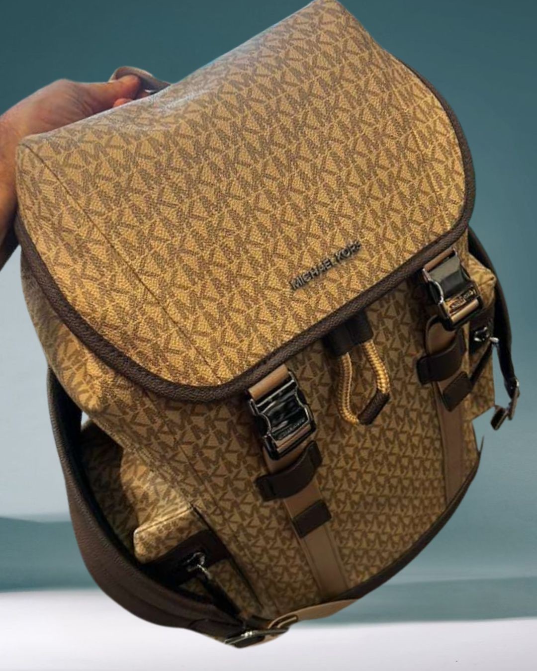 Michael Kors Cooper Men MK Logo Print Canvas Travel School Pocket Backpack Camel