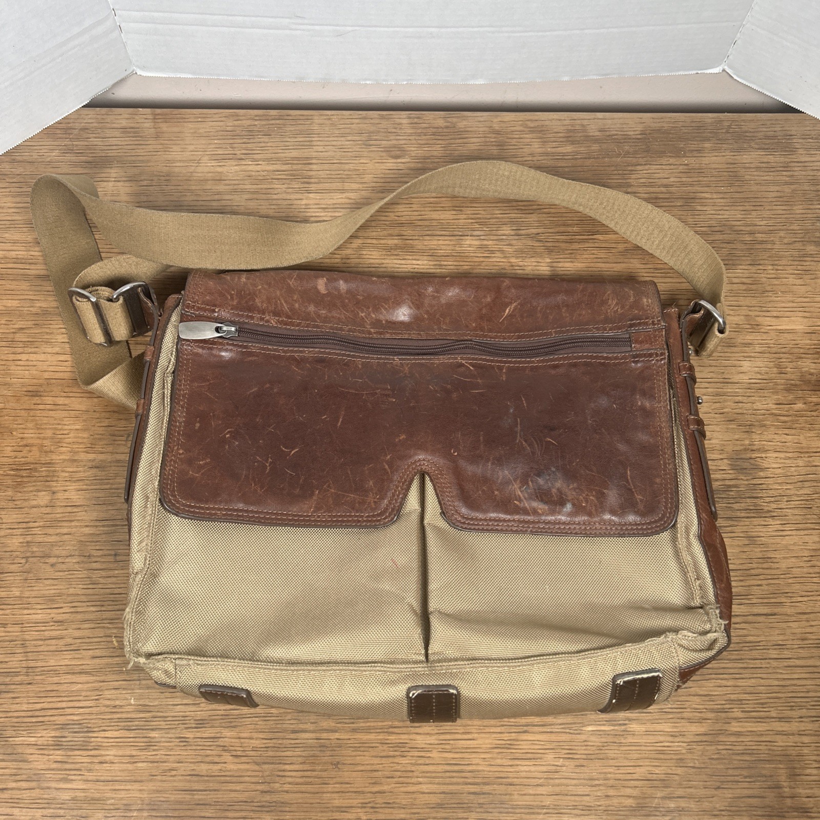 Fossil Messenger Bag Men’s Green Brown Nylon Leather Case Carry Distressed