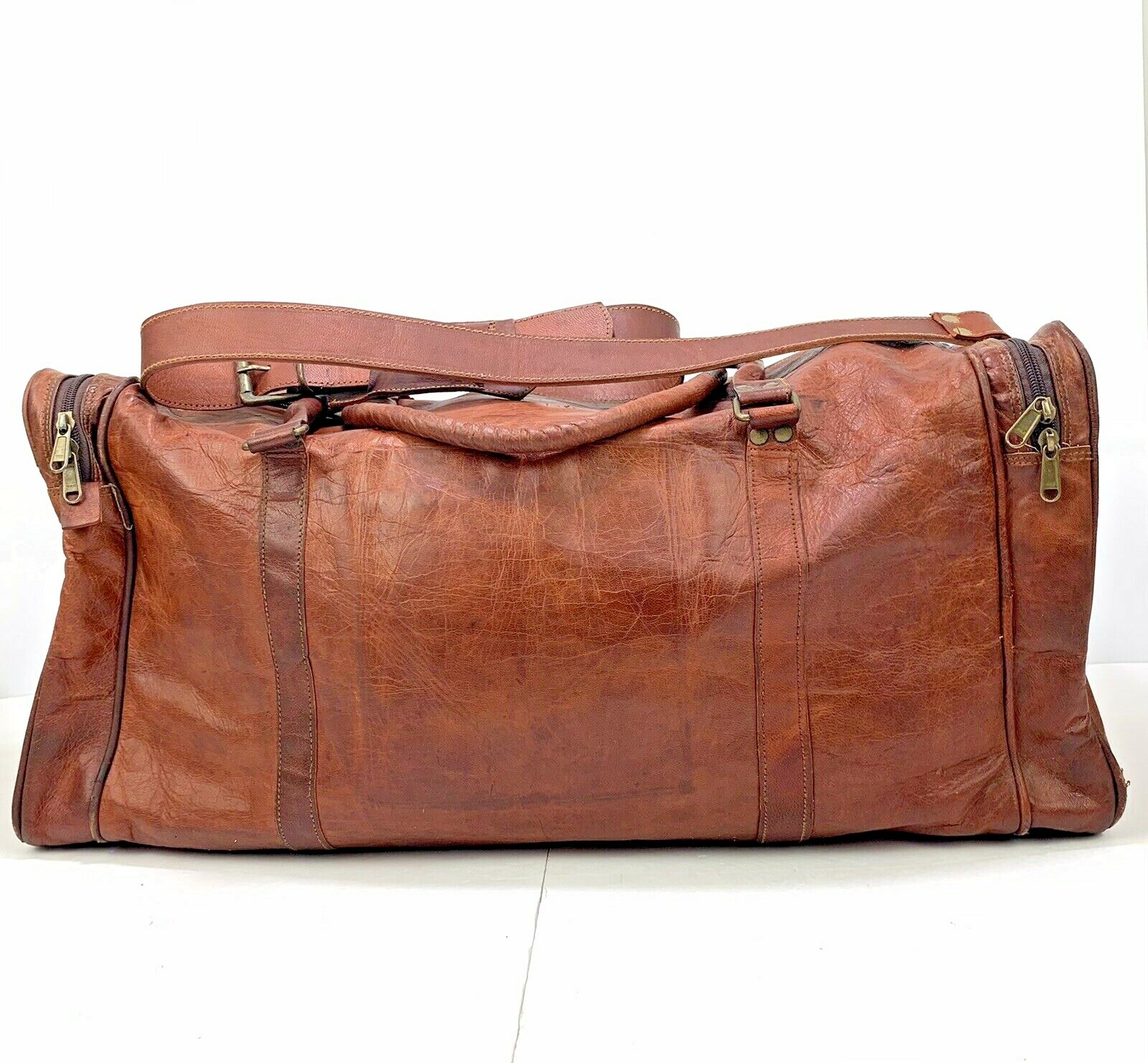 Condor British Brown Leather 2 Side Compartments & Zipper Duffel, Gym Bag VTG