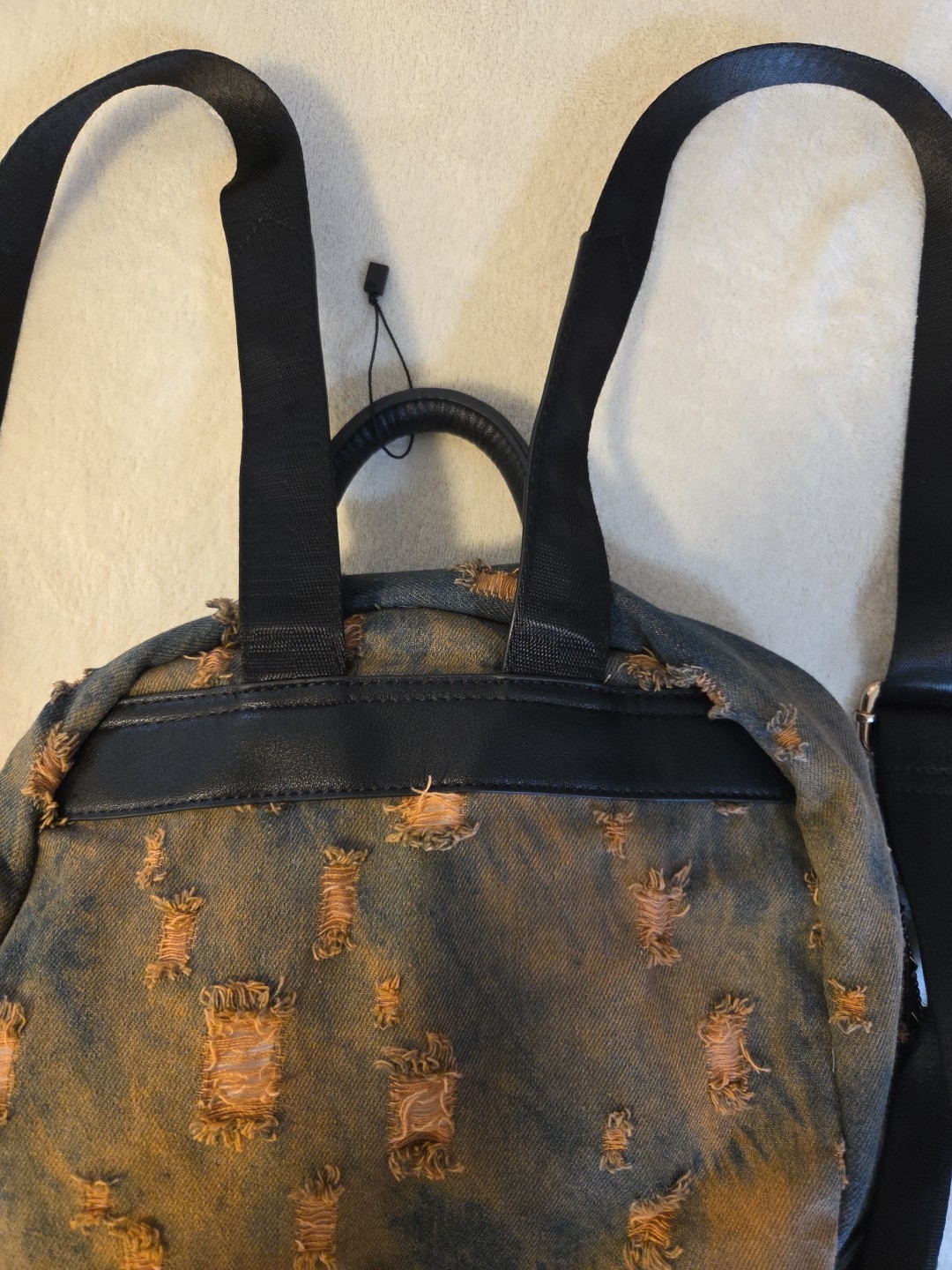 Distressed Soft Denim Backpack Patches Embroidery Sequins Eyes Grunge Studs Zip