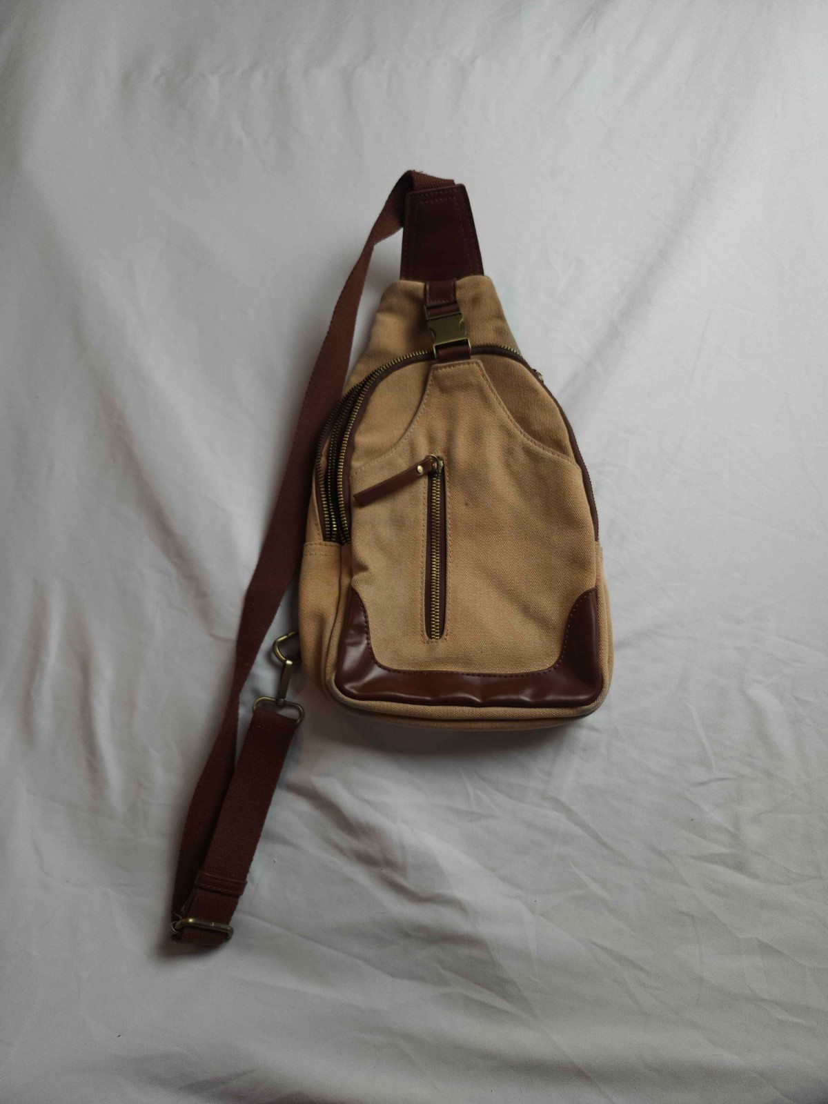 Unisex Khaki/Brown Canvas Sling Backpack Vegan Leather Trim Adjustable Strap