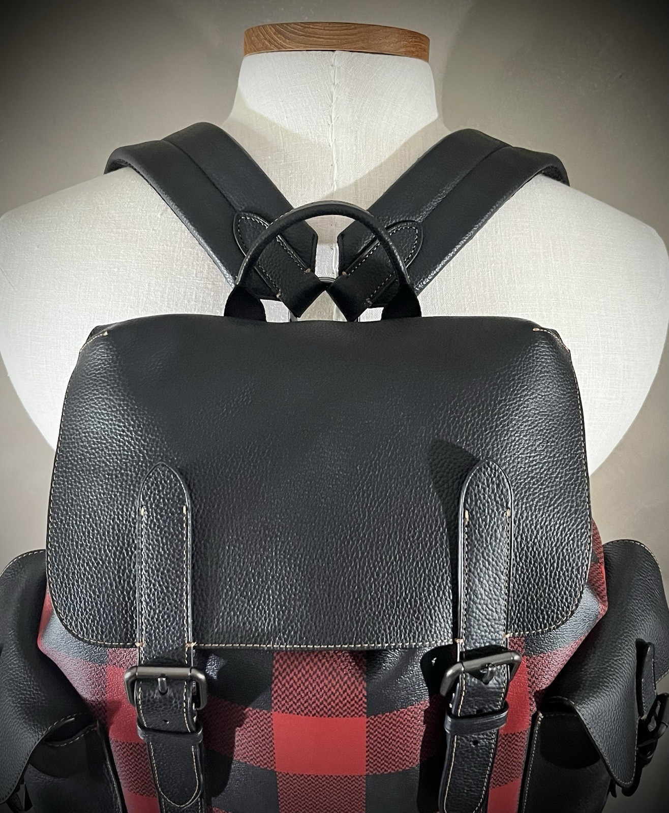 Coach C1240 Hudson Backpack Buffalo Plaid Red Black Leather Rucksack Laptop Bag
