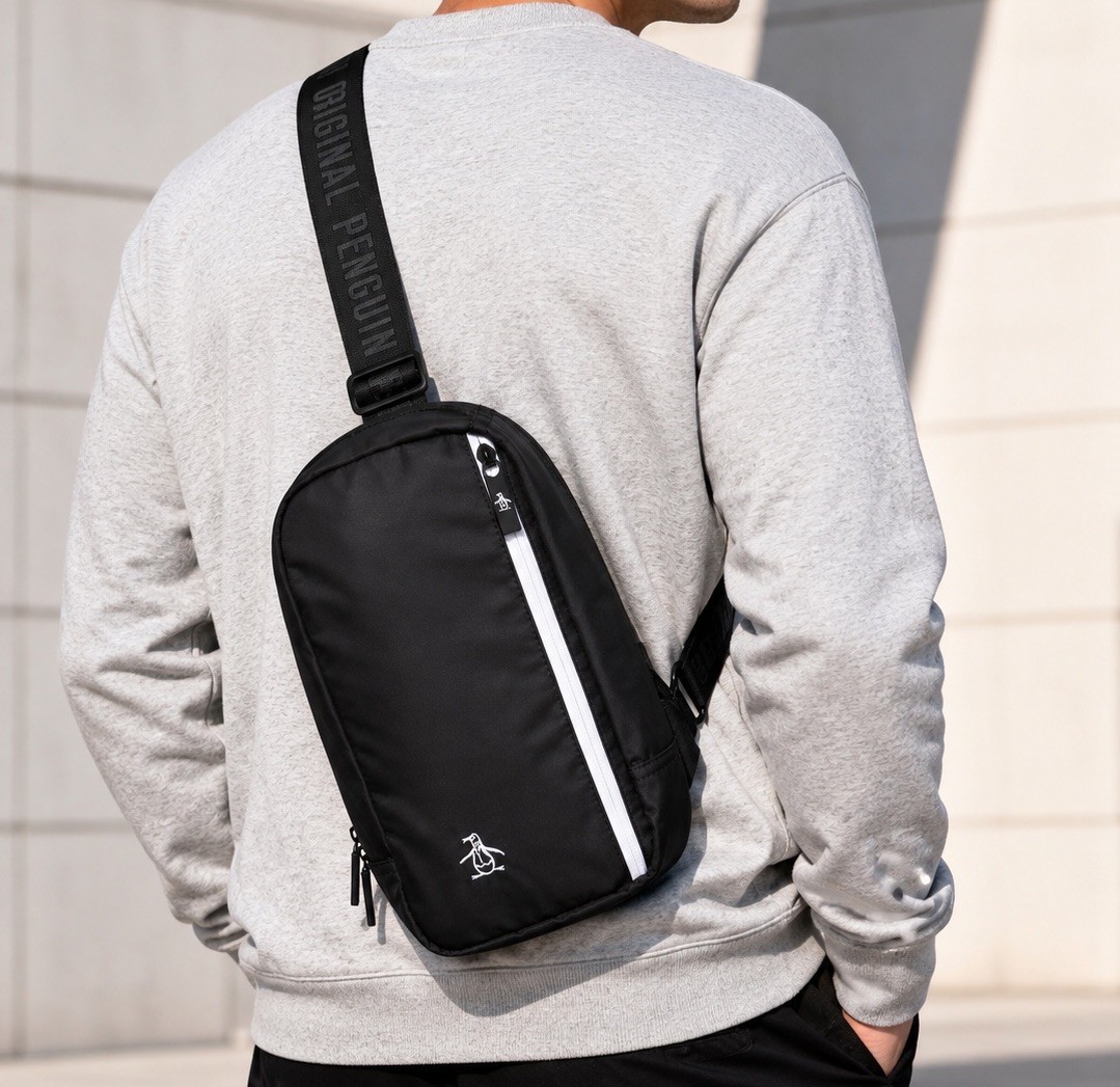 Original Penguin Black Sling Crossbody Bag Travel Adjustable Strap Many Pockets