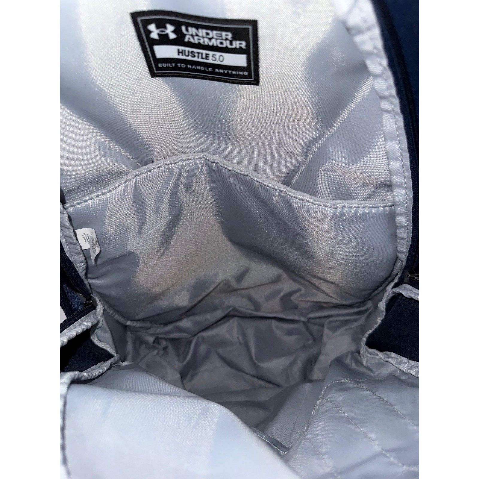 Under Armour Hustle 5.0 Backpack Navy Blue Red UA Storm Water Resistant Bag