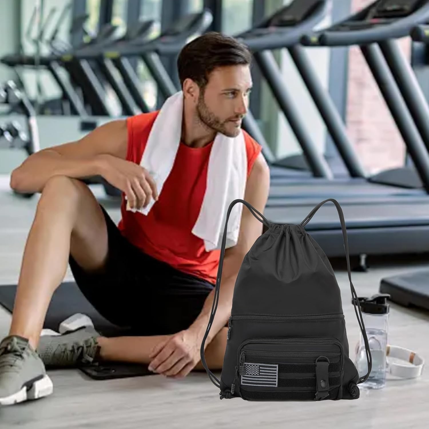 Drawstring Backpack Tactical Waterproof Zipper Pockets Sport Gym Sackpack Black