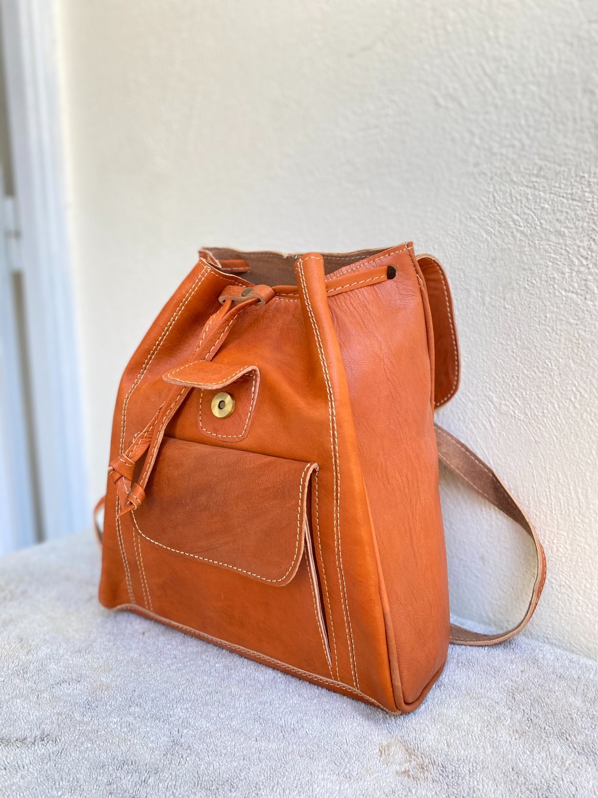 Cognac Leather Backpack Handmade Morocco Artisan Zip Genuine Leather