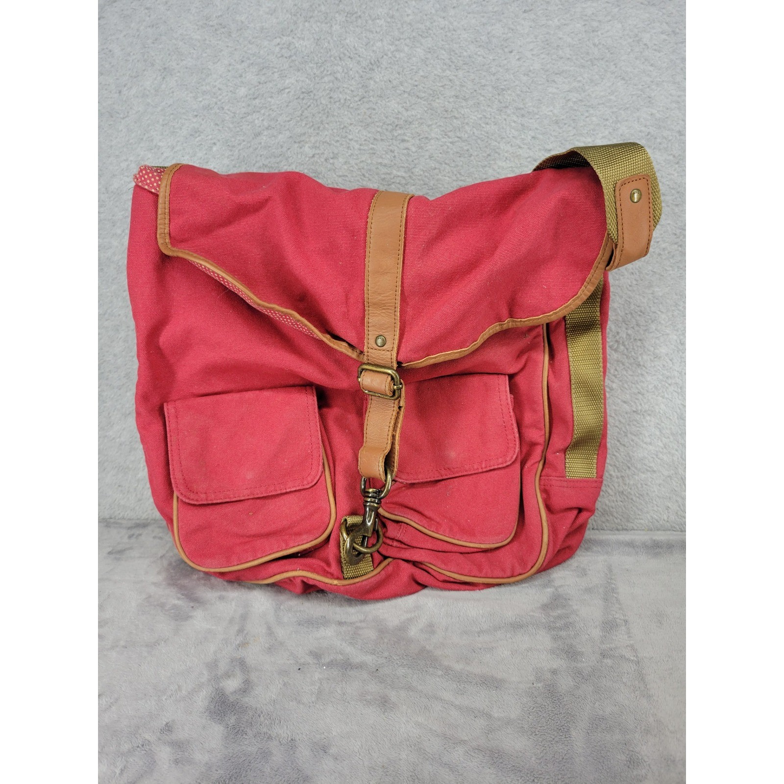 American Eagle Outfitters Red Canvas Messenger Bag Crossbody Faux Leather Trim