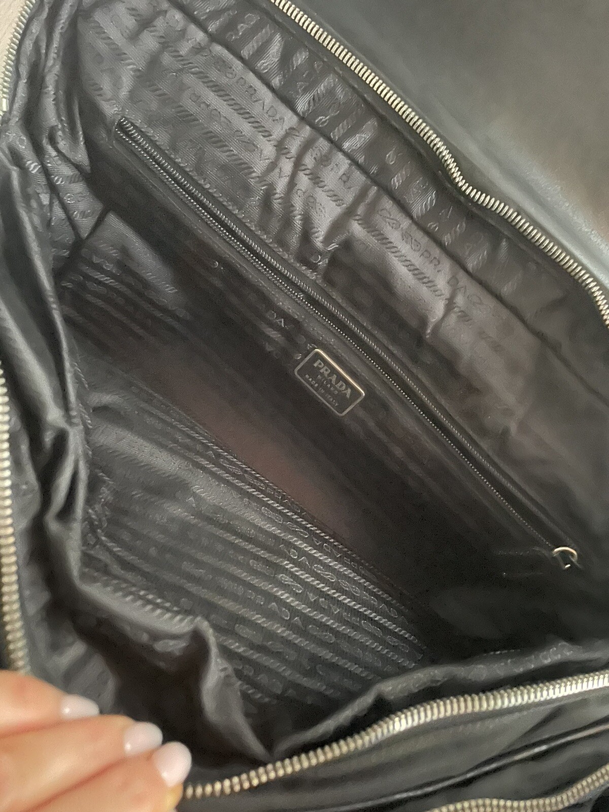 Prada Mens Single Handle Double Logo Clasp Large Briefcase Black Leather Nylon
