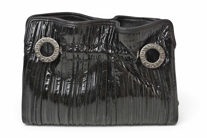 Authentic BVLGARI Twist Black Patent Leather Clutch Bag Silver