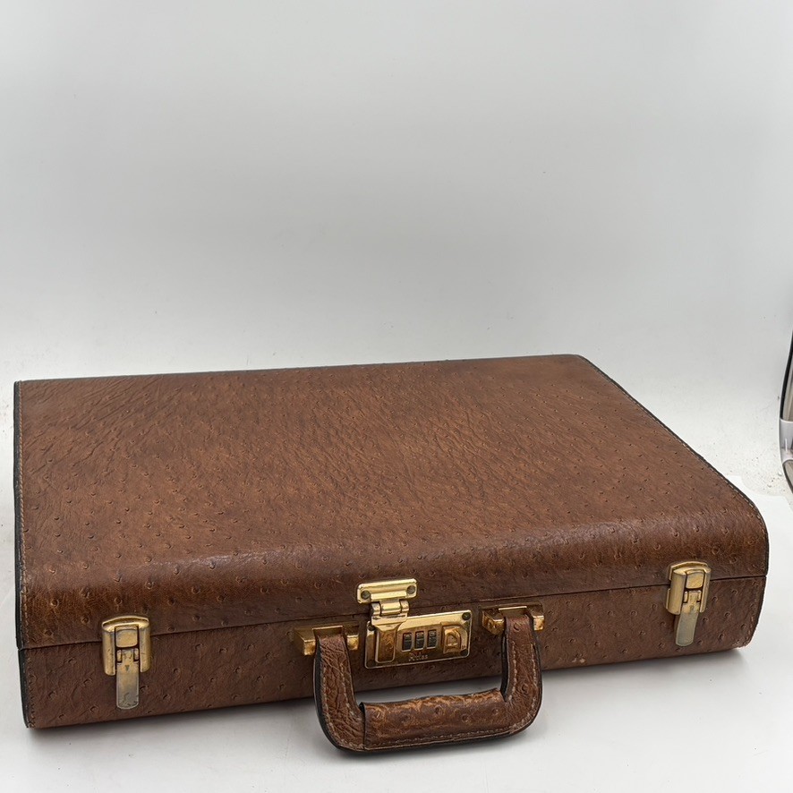 Vintage ATLAS Brown Ta Full Quill Ostrich Attaché Briefcase Amiet Locks w/ Combo