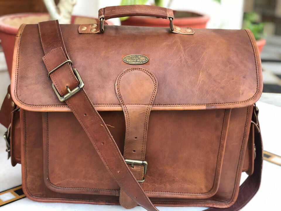 18″ Extra Space Leather Messenger Men Laptop Cushion Briefcase Shoulder Vintage
