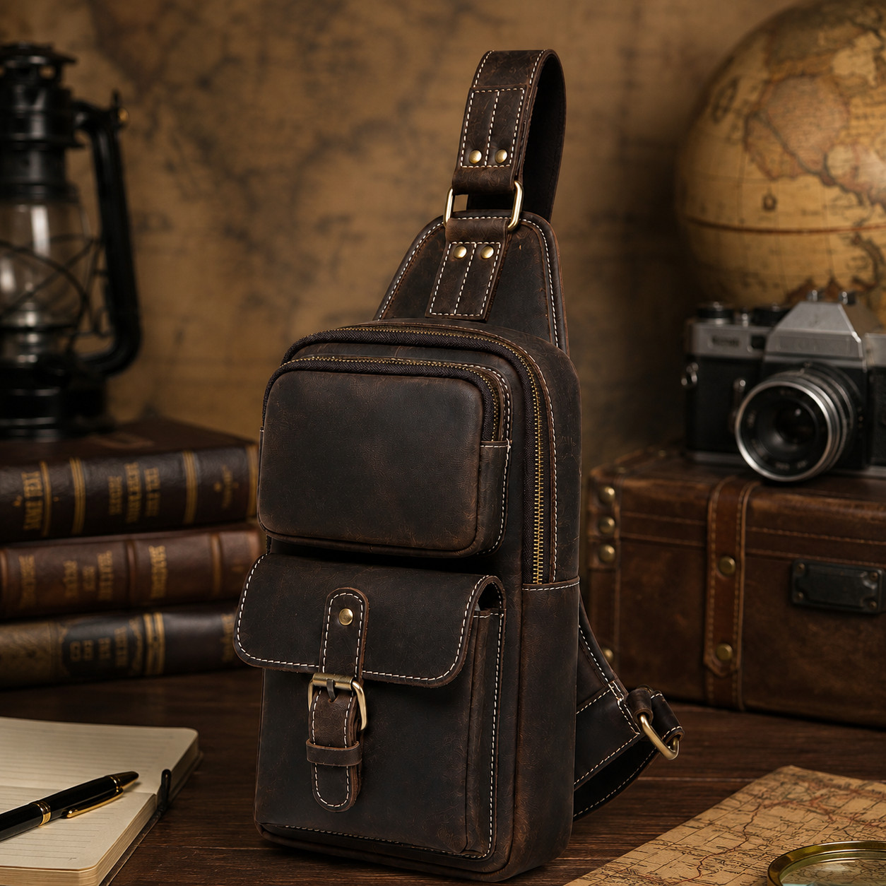 Handmade Full Grain Leather Chest Sling Bag for Men Vintage Crossbody Backpack