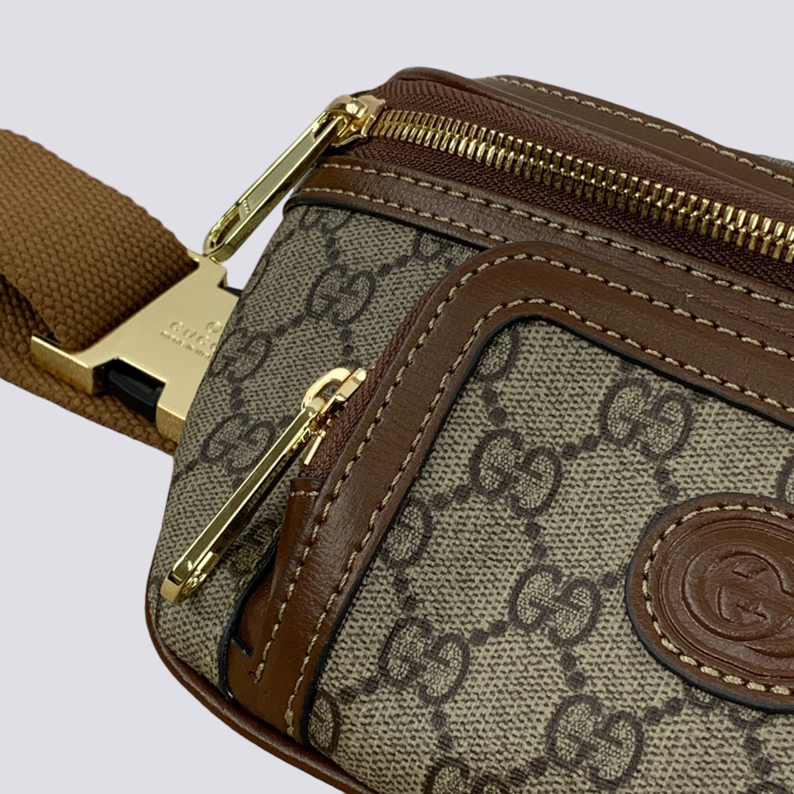Gucci GG Monogram Interlocking G Canvas Leather Crossbody Belt Bag Beige 682933