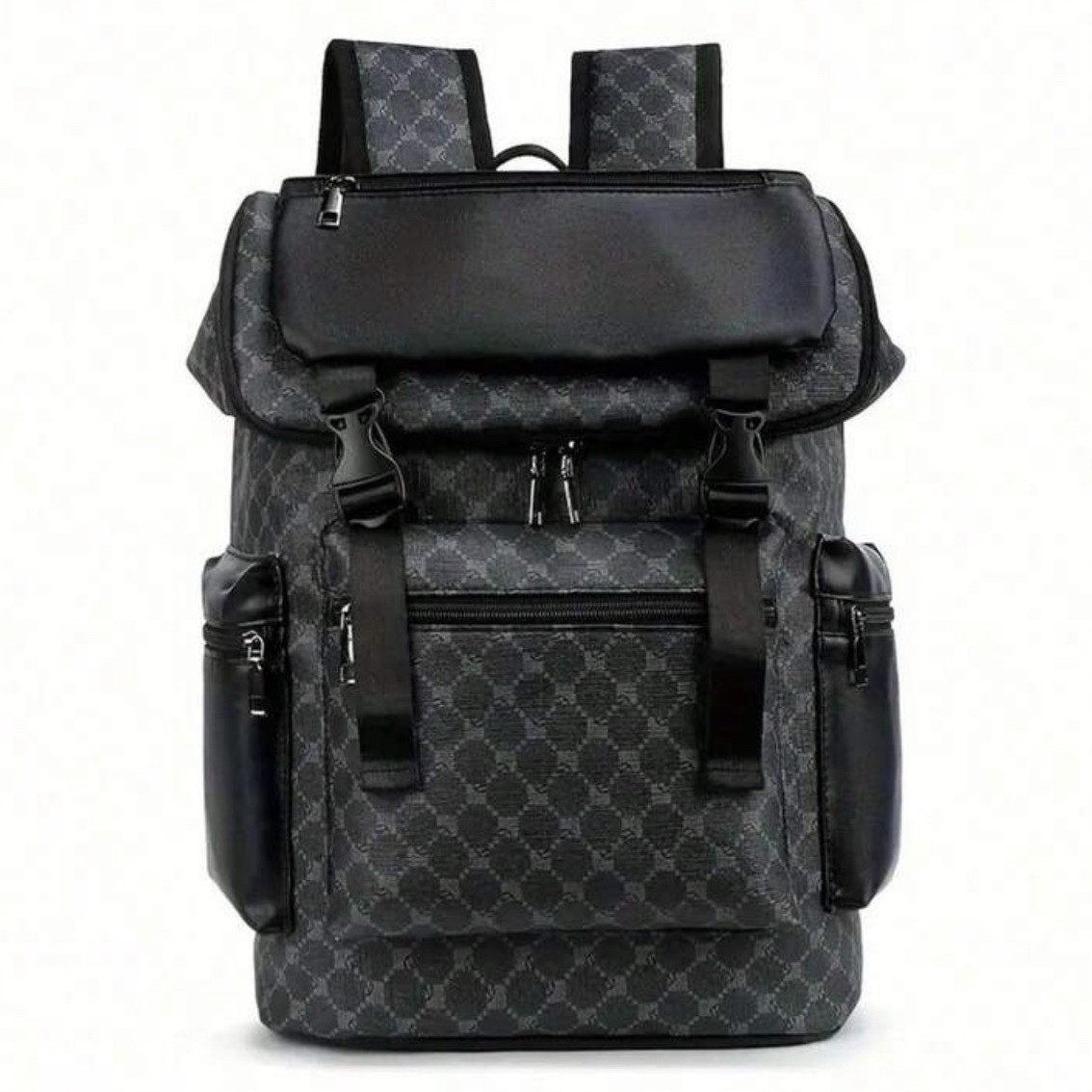 Men’s Black/Gray Geometric Backpack Zip & Buckle Closure Shoulder Strap