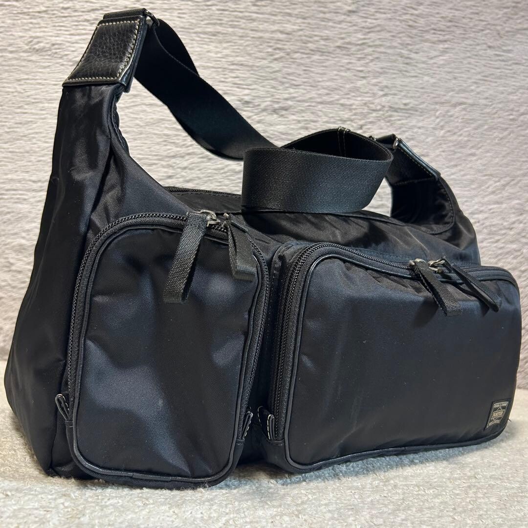 PORTER Plan Nylon Shoulder Bag Black Men Zip Woven Yoshida Kaban 35x20x14cm