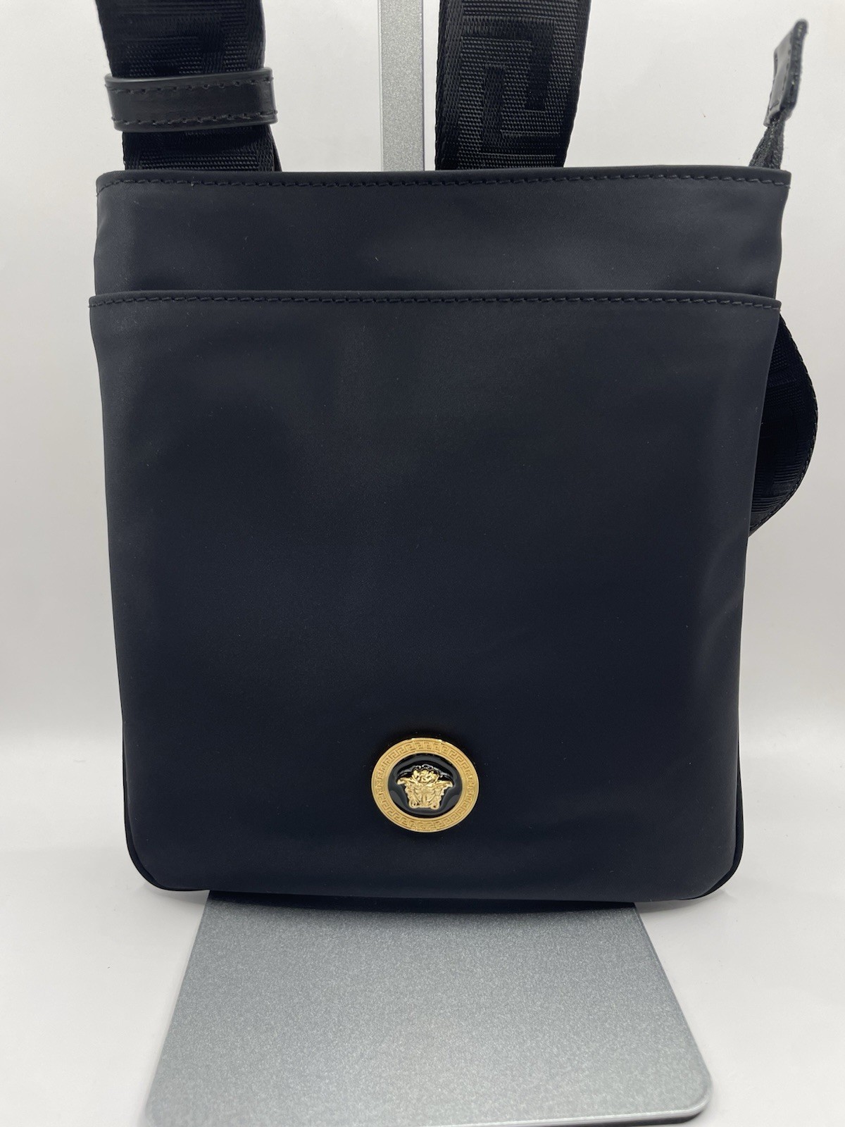 VERSACE Flat Crossbody Bag Fabric Calf Leather Black $800 Retail